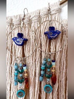 Handcrafted Blue and Orange Bird Boho Earrings